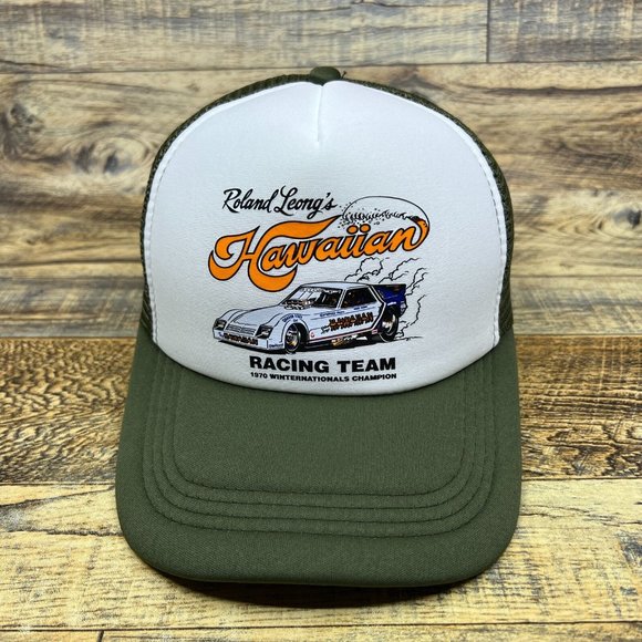 Roland Leong's Hawaiian Racing Team 1970 Mens Trucker Hat Olive Snapback 70s Cap - Picture 2 of 8